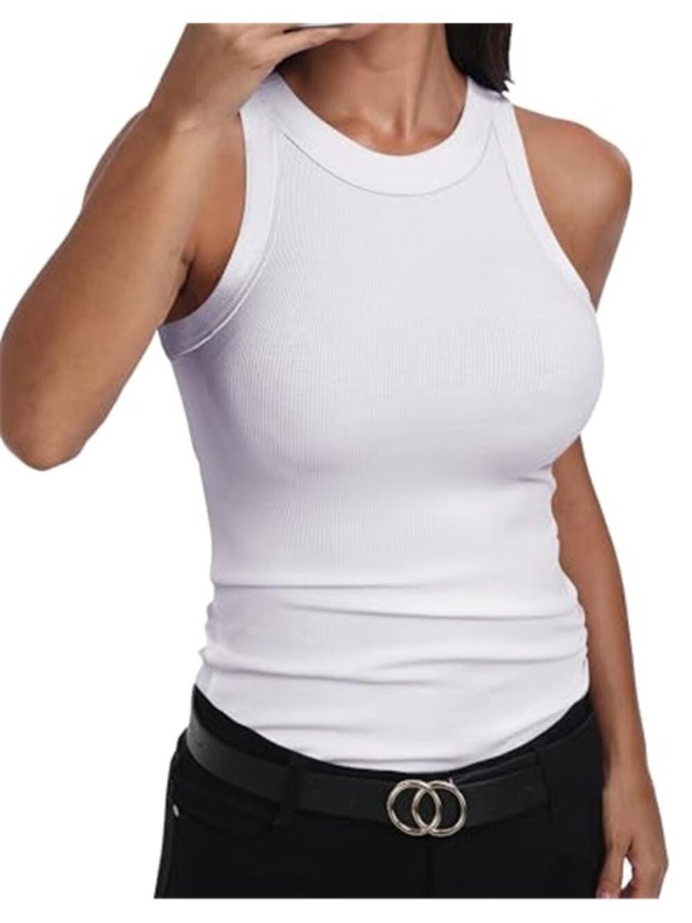 Womens Ribbed Tank Top Sleeveless Racerback High Neck Fitted Stretch Cotton